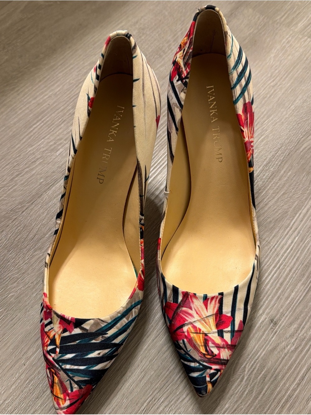 Ivanka Trump Cream Pumps with Pink Floral & Navy Stripes